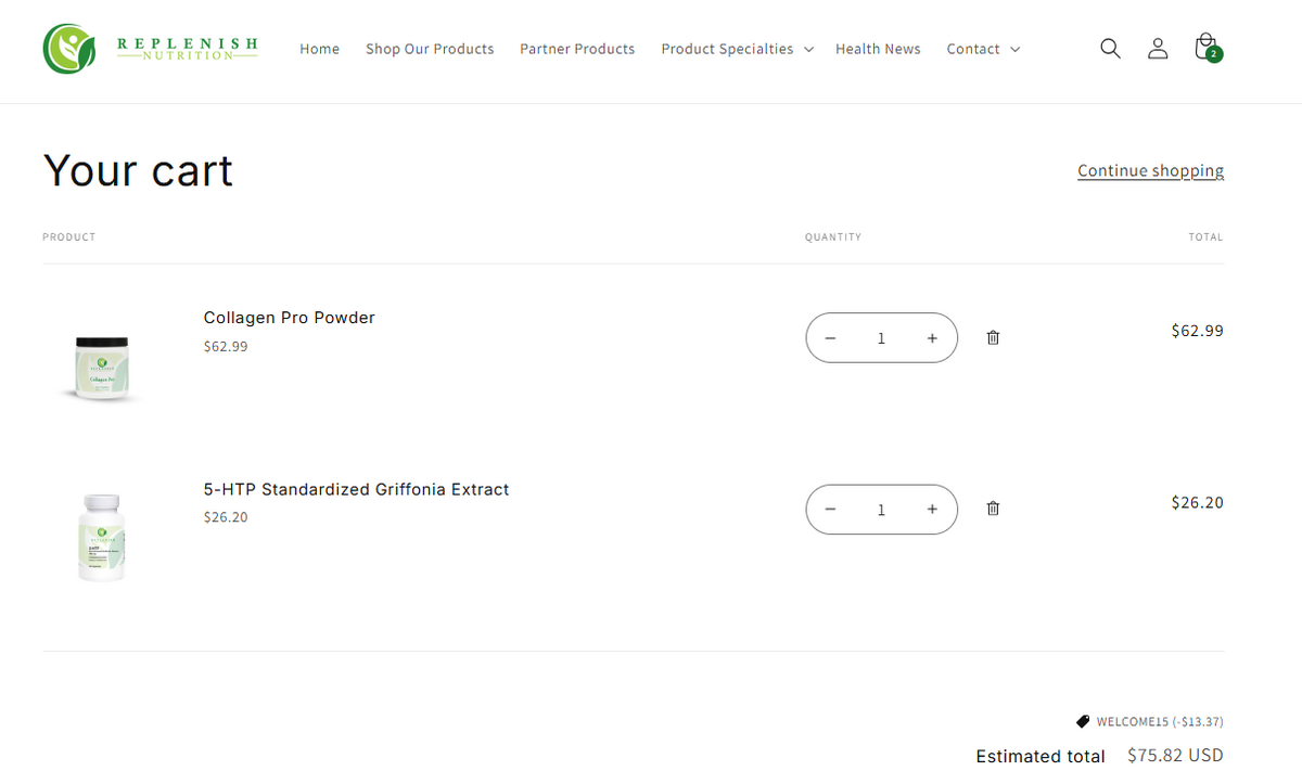 Cart view showing Replenish Nutrition products ready for checkout